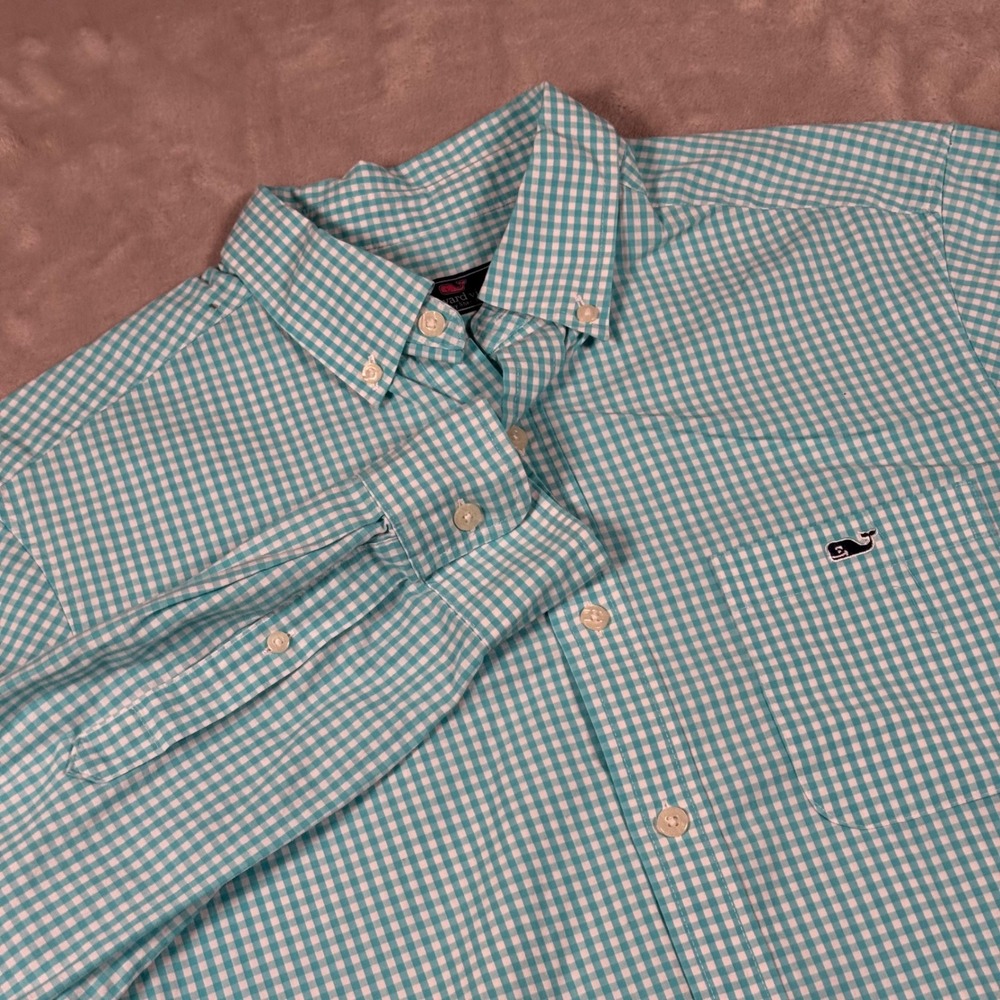 Vineyard Vines Button Down Shirt Mens Medium Teal Gingham Whale Logo Long Sleeve